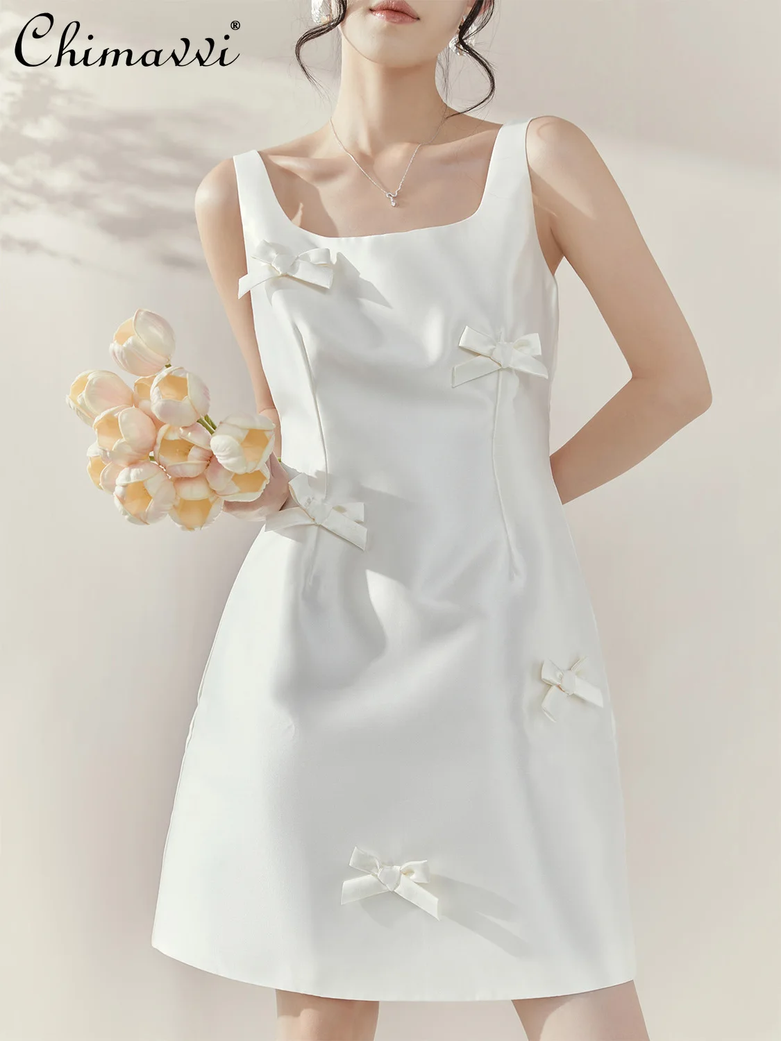 

French Elegant Socialite Birthday Party Dresses Square Neck Sleeveless Bow High Waist Slim A-line White Short Dress Women Summer