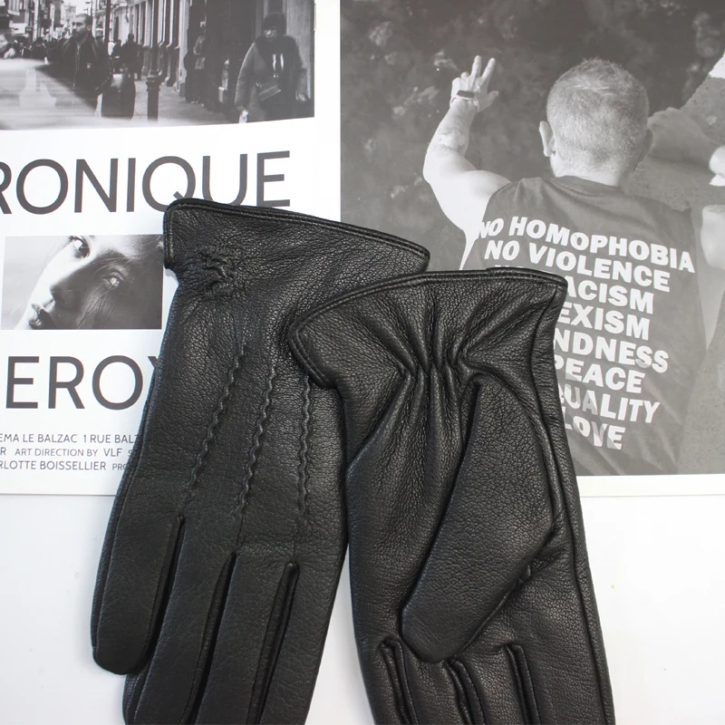 Guantes de piel de ciervo para hombre, forro de piel de conejo corrugado, forro de terciopelo cálido de invierno, guantes de lana recta de punto de