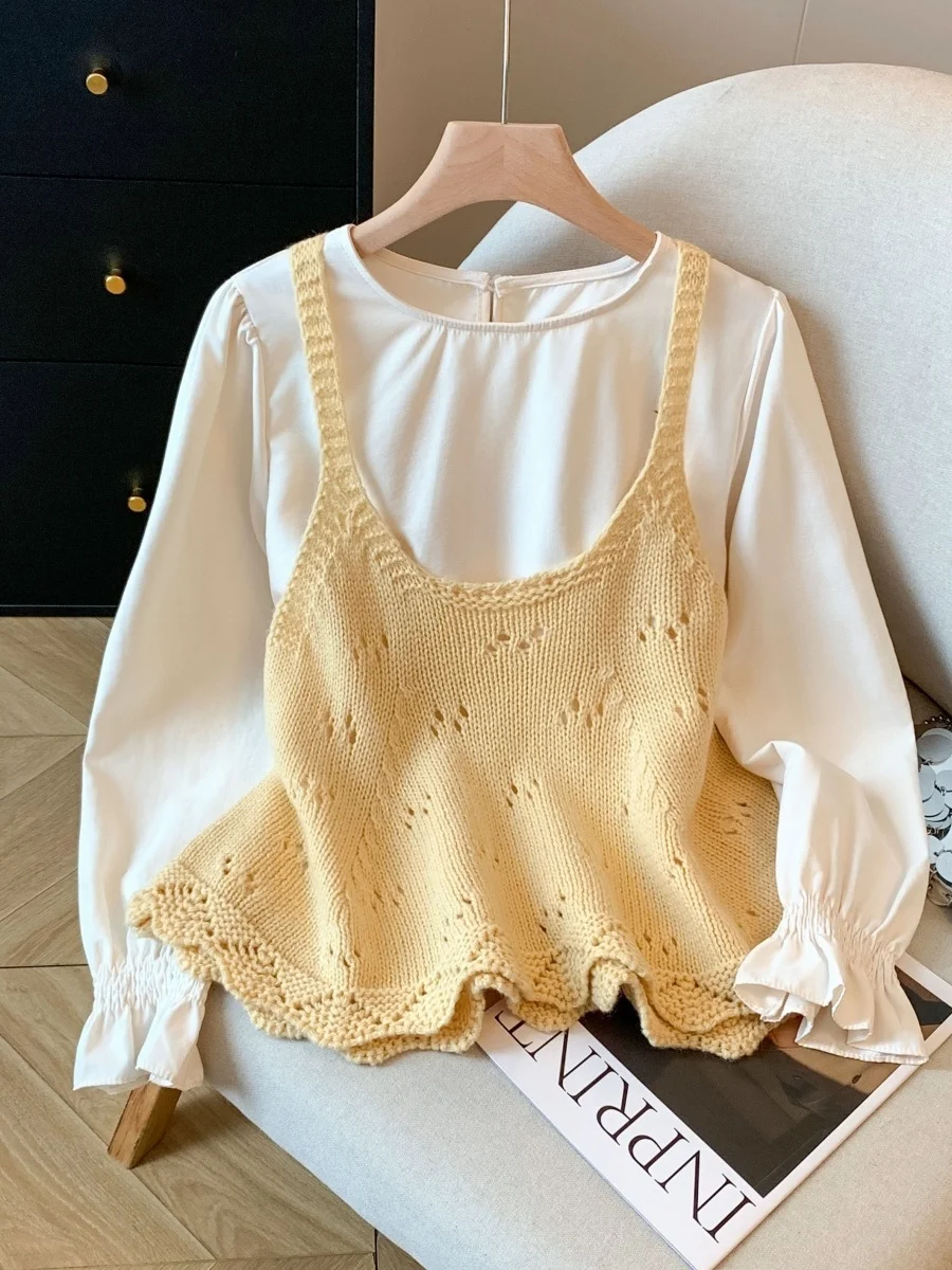 

Корейский вязаный комплект из двух предметов: топ и кофта с длинным рукавом, женский, весна-осень, милый и игривый образ, свободный крой, круглый вырез