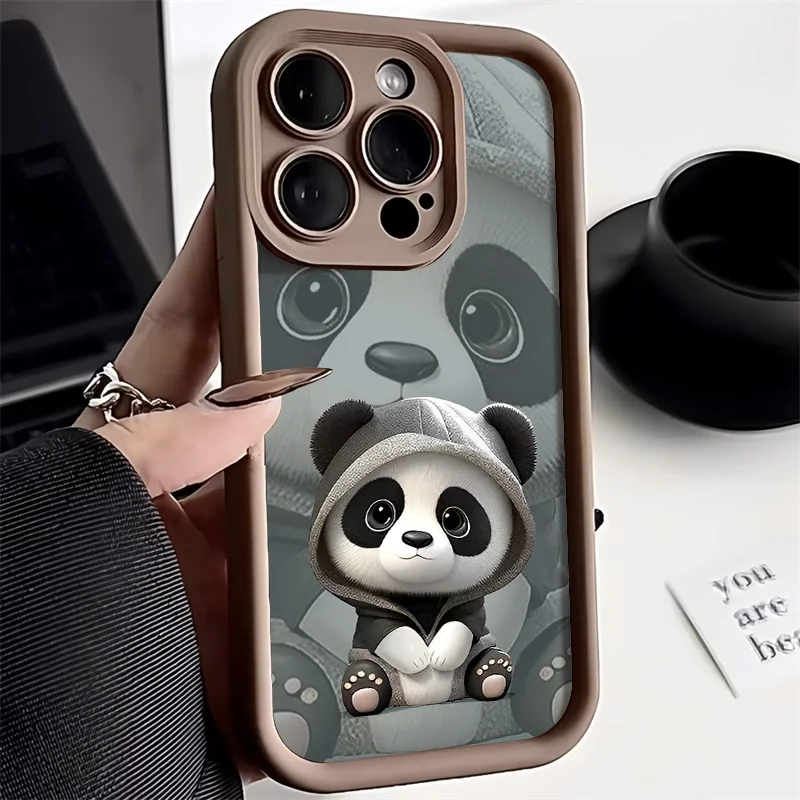 Soft Liquid Silicone Phone Case For iPhone 15 Pro 12 11 13 14 Pro Max XR XS X 7 8 Plus SE SE3 Shockproof Bumper Cute Panda Cover