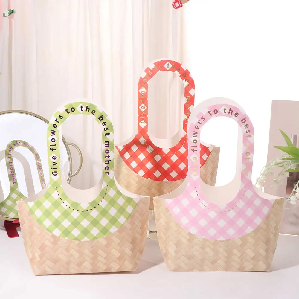 

5pcs Hand-held Imitation Bamboo Tote Bag Woven Design Romantic Flower Packaging Bag Festival Handmade Tote Bag Party Supplies