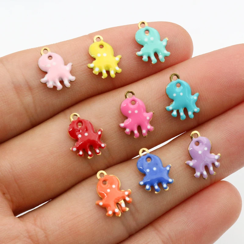 20pcs 12x9mm Stainless Steel Octopus Cute Small Enamel Charms Pendant Stainless Steel DIY Jewelry Making Accessories Findings