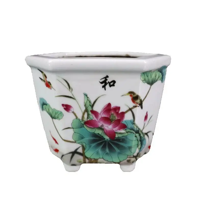 

Chinese Old Porcelain Hexagonal Flower Pot with Pink Lotus Flower Bird Pattern Traditional Decorative Planter for Home Garden