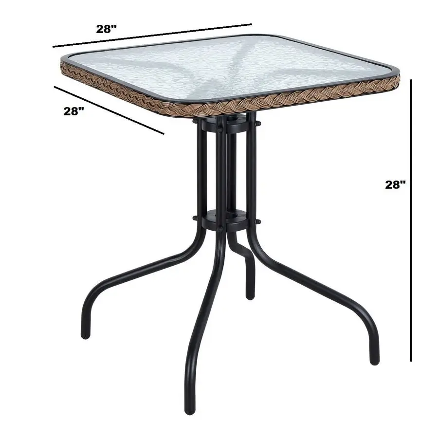 Indoor Outdoor 28 Square Tempered Glass Metal Restaurant Table Brown Rattan Trim