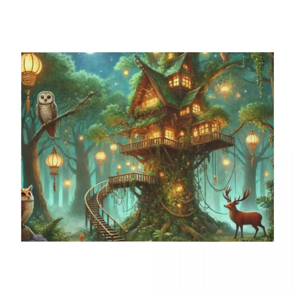 

Enchanted Treehouse - Mystical Forest Dwelling Throw Blanket Bed Vintage Thermal for winter Blankets