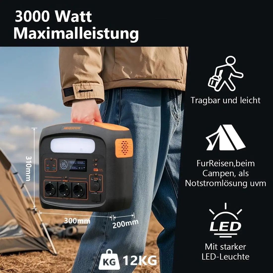 Necespow Estación de energía portátil 1800W – Batería LiFePO4 1024Wh - imagen 3