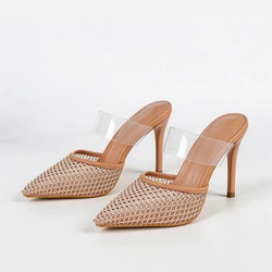Rhinestone High Heel Mules for Women Nude Mesh Pointed Toe Shoes with Clear Strap Sparkly Wedding Party Sandals