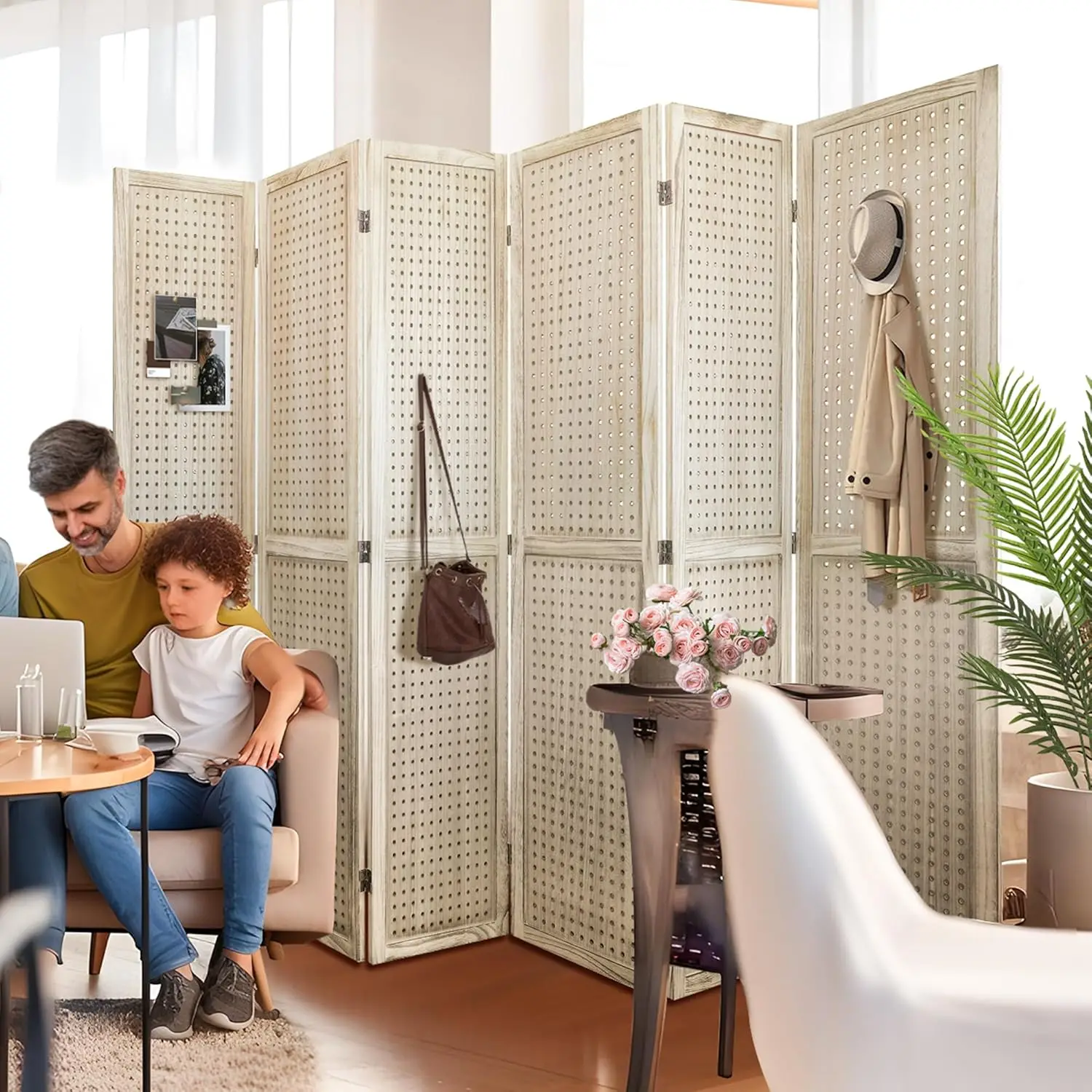 Room Divider 5.6FT Pegboard Display Wood Room Divider Panel 6 Panel Folding Room Divider Room Divider Screen Partition Room