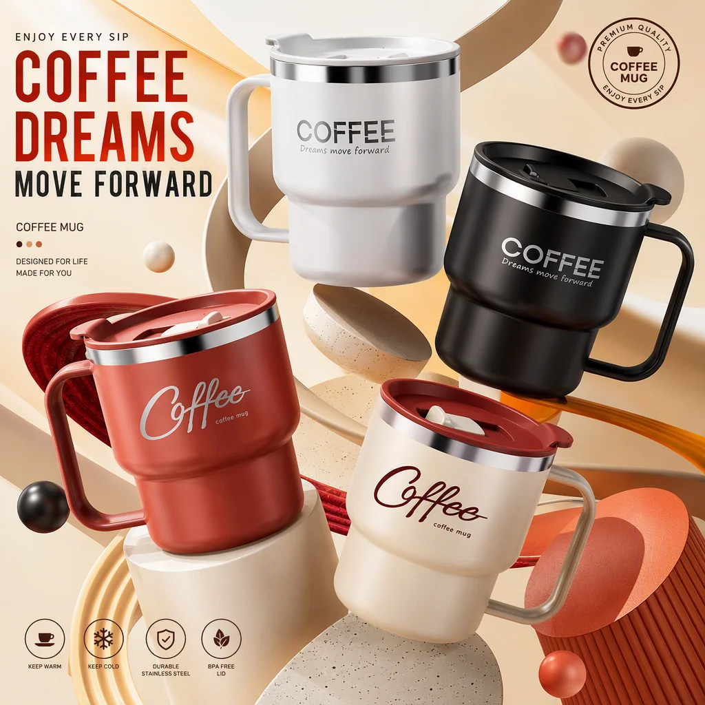 WORTHBUY 304 Stainless Steel Double Wall Insulated Coffee Cup With Handle Portable Students Leak-proof Water Cup Milk Coffee Mug