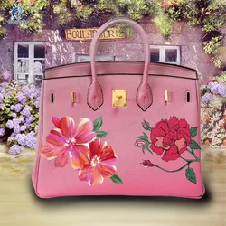 Printed Customize Art Three blooming flowers Bags Ladies purses and handbags Messenger Clutch Totes Real Cowskin Leather Fashion