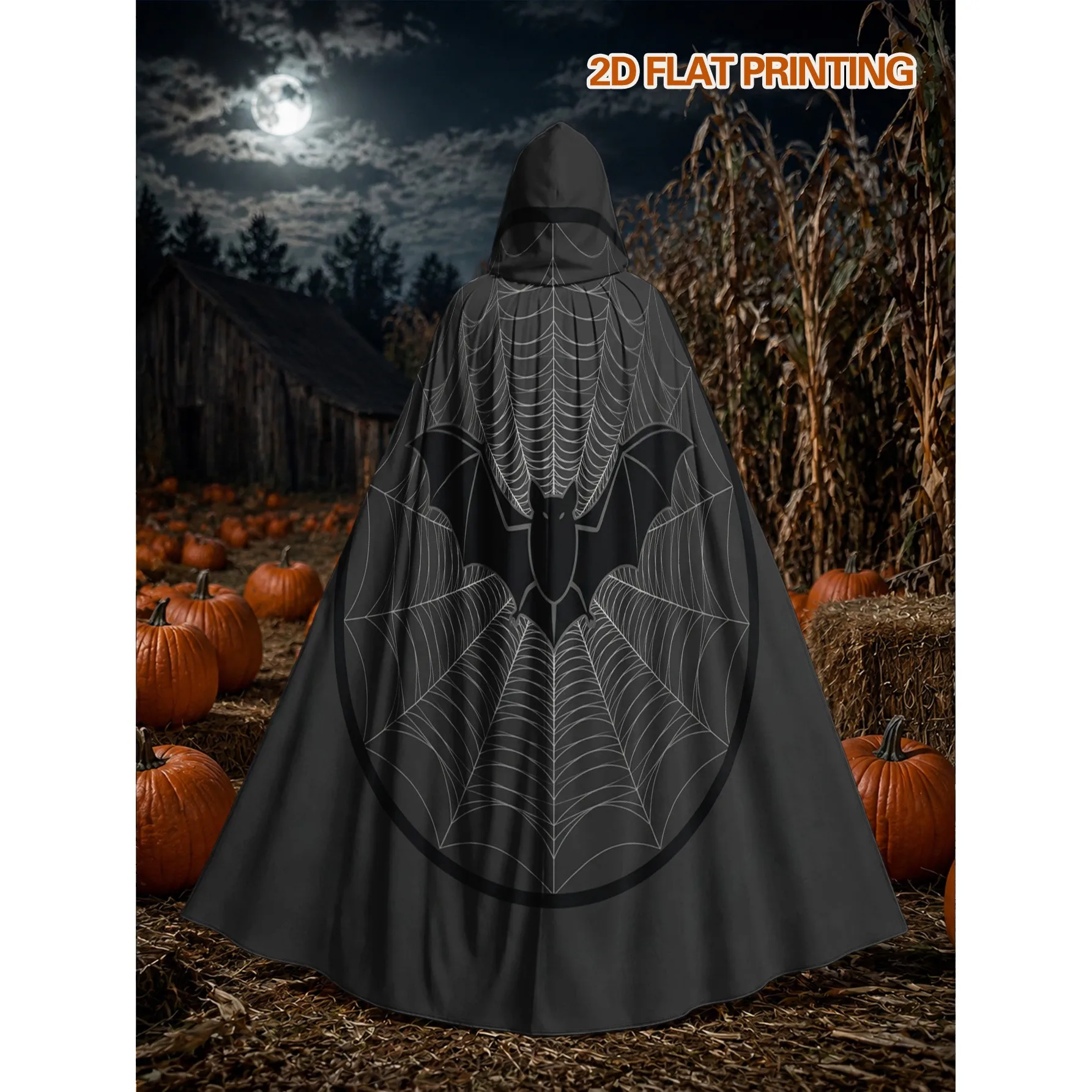 Halloween Bat Web Hooded Cloak Adult Long Polyester Cape for Masquerade Carnival Holiday Events