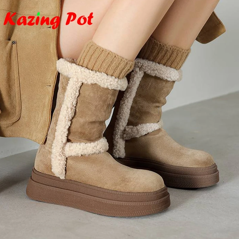 Krazing Pot Flock Fashion Round Toe Platform Thick Bottom Snow Boots Keep Warm Fur Winter Non-slip Leisure Shoes Mid-calf Boots
