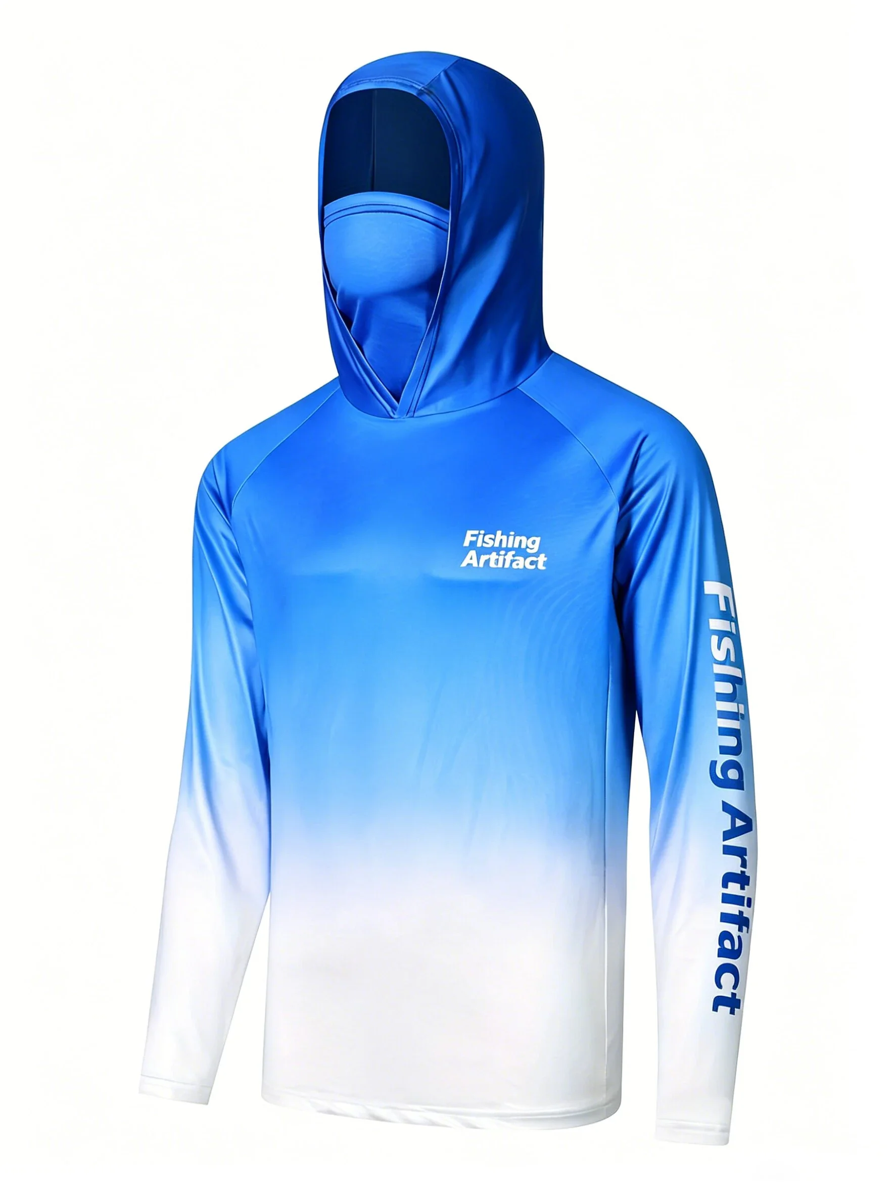 UPF50+ Blue Camo Men Fishing Hooded Shirt, Quick‑Dry Sun Protection Long‑Sleeve Top with Face Mask