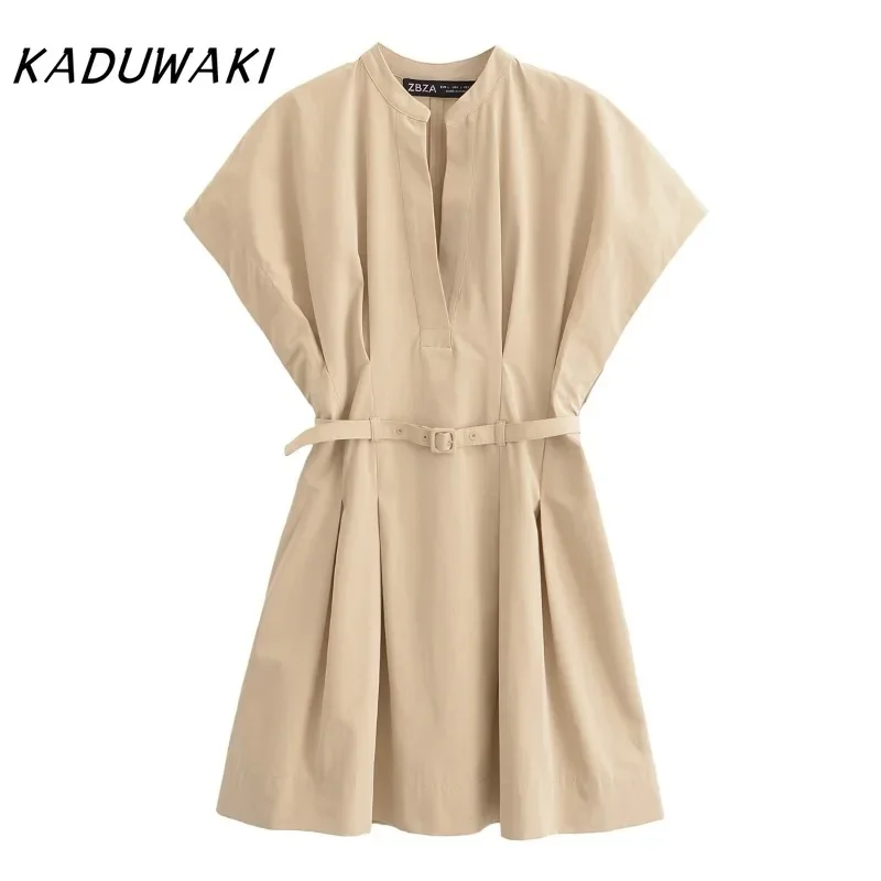 KADUWAKI Fashion Women's V-Neck Canvas Khaki Mini Vestido Classic Pleated Waist Dresses with Belt Летнее Платье Больших Размеров