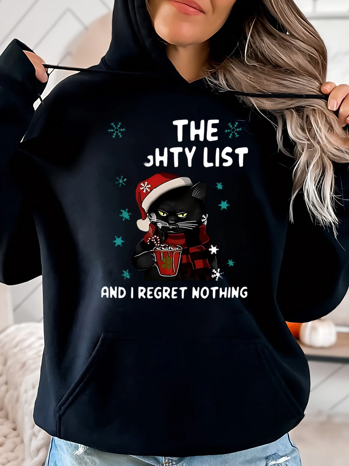 

Рождественская толстовка с капюшоном Cat Santa Claus the Jhty List and I Regret Nothing, женская праздничная одежда черного цвета больших размеров