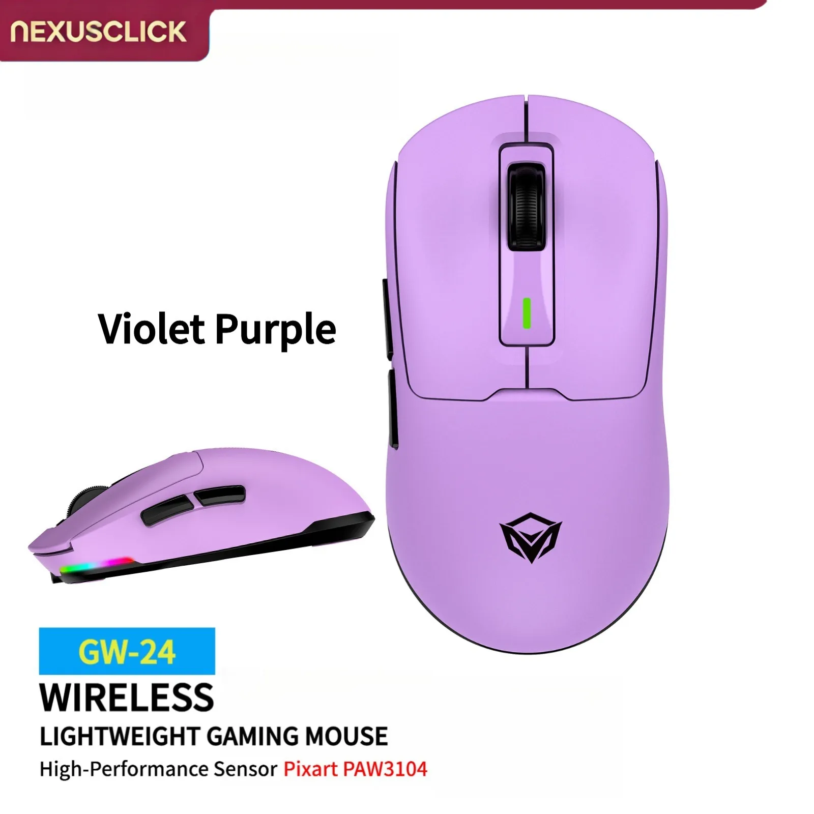 NexusClick GW24 PAW3104 Wireless E‑sports Mouse,3‑Mode 62g Lightweight,8000DPI Magnetic Fast Charging RGB Backlight Gaming Mice