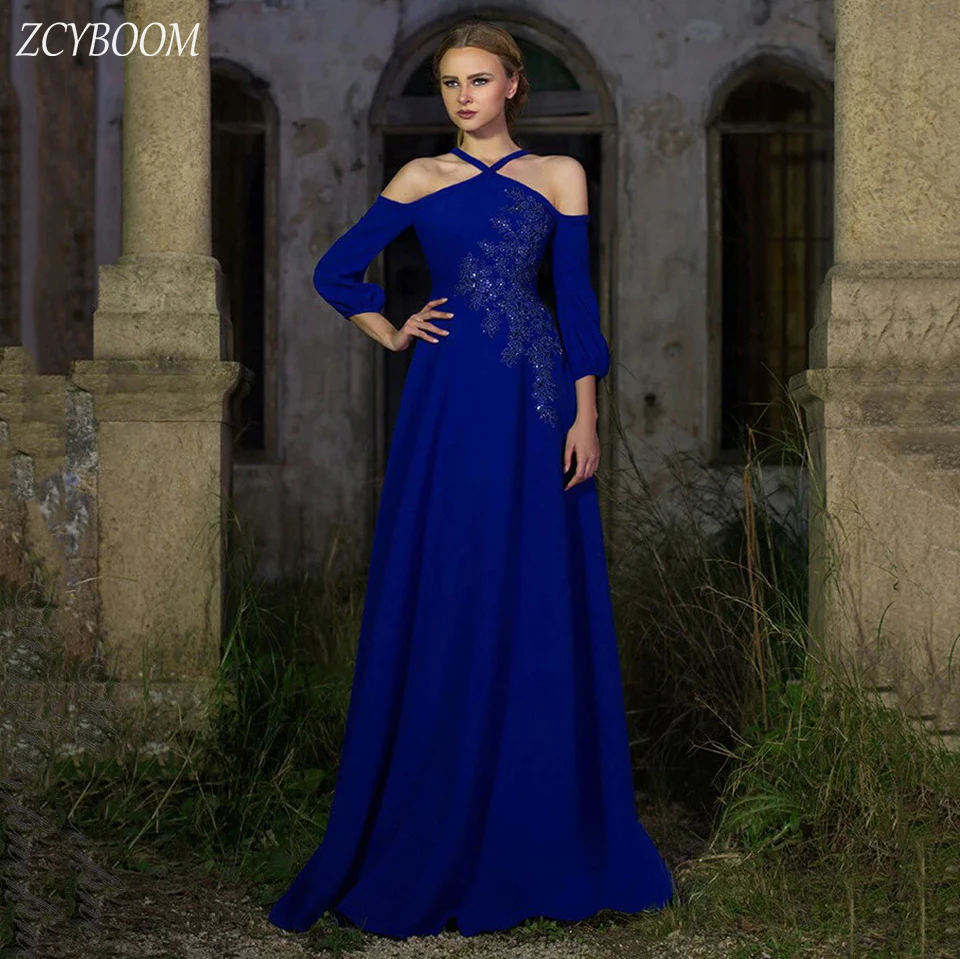 Elegante abito da sera con scollo all'americana blu royal con applicazioni sulla spalla Abito da ballo con cerniera su misura a trapezio al pavimento 2025