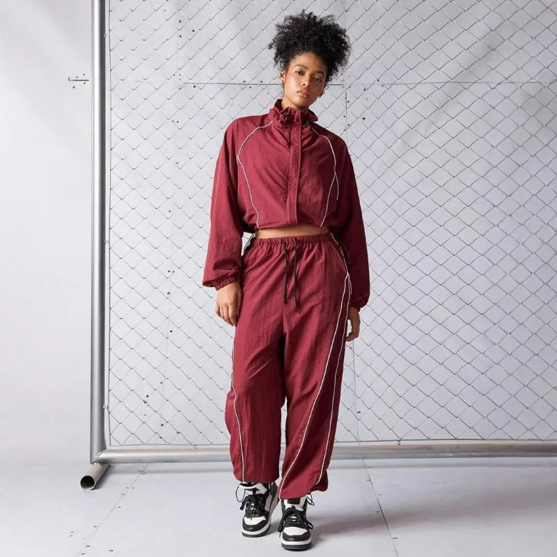 New Cross-border Casual Women's Clothing Set Europe America Featuring Fashion Color-blocking Drawstring Sport Jacket Long Pants