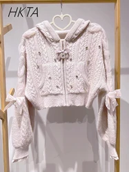 Japanese Autumn New Mine Soft Girl Lolita Sweater Cute Rabbit Ear Crochet Rhinestone Hooded Long-sleeve Knitted Cardigan Sweater