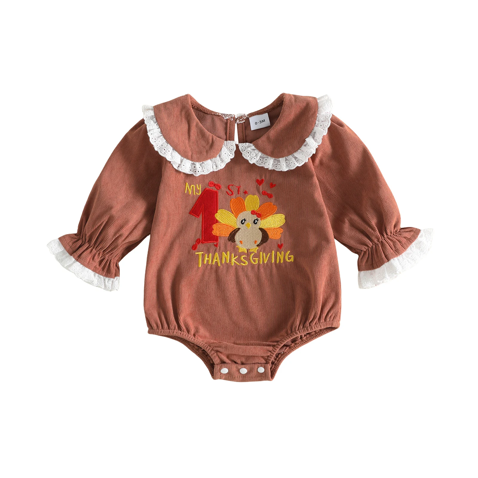 Baby Girl Thanksgiving Romper Long Sleeve Turkey Embroidery Bodysuit