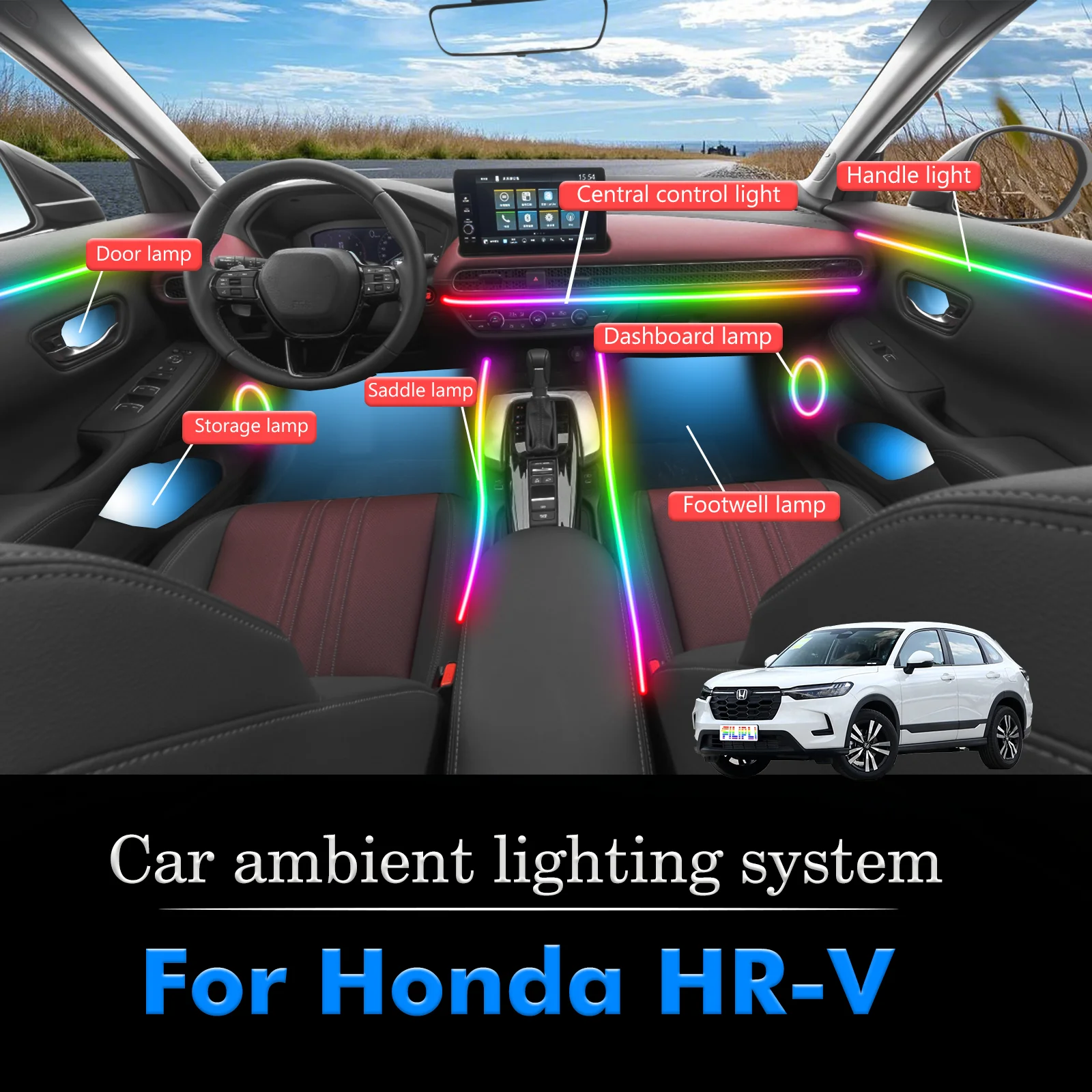 10 In1 For Honda HR-V 2010-2025Y Car Interior Ambient Lamps 64 Colorful Atmosphere Lights Auto LED Neon Strip App Control
