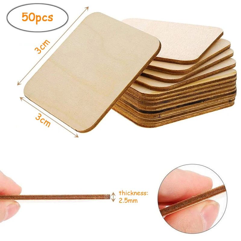 50pcs 3cm Unfinished Wood Squares Slices, Natural  Wooden Square Cutouts for Painting Writing Carving DIY Supplies