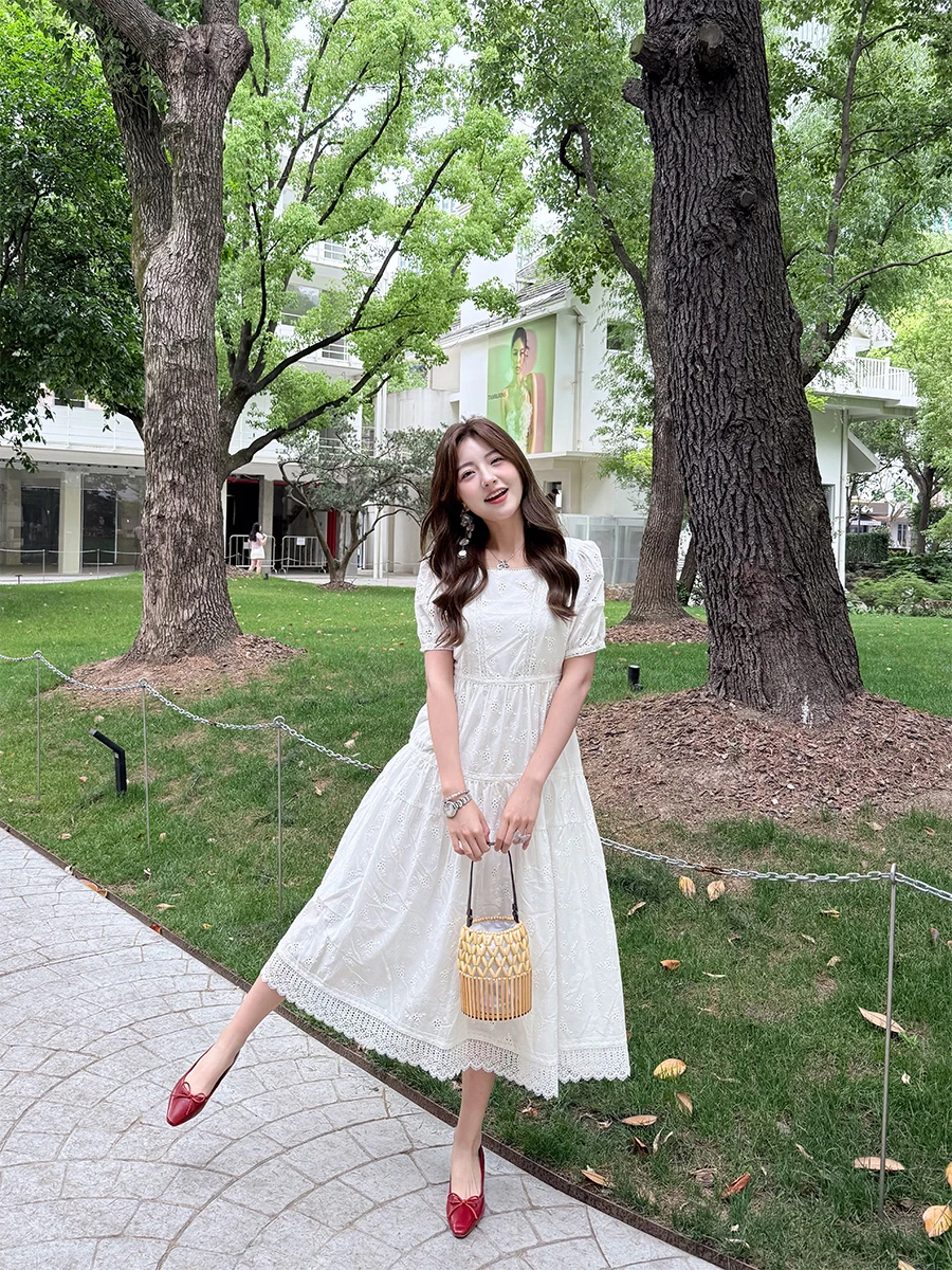 

Daisy Vintage Lace Hollow Embroidery round Ne Dr Summer New Loose White Ele Long Dr Women's Faion A-Line Skirt