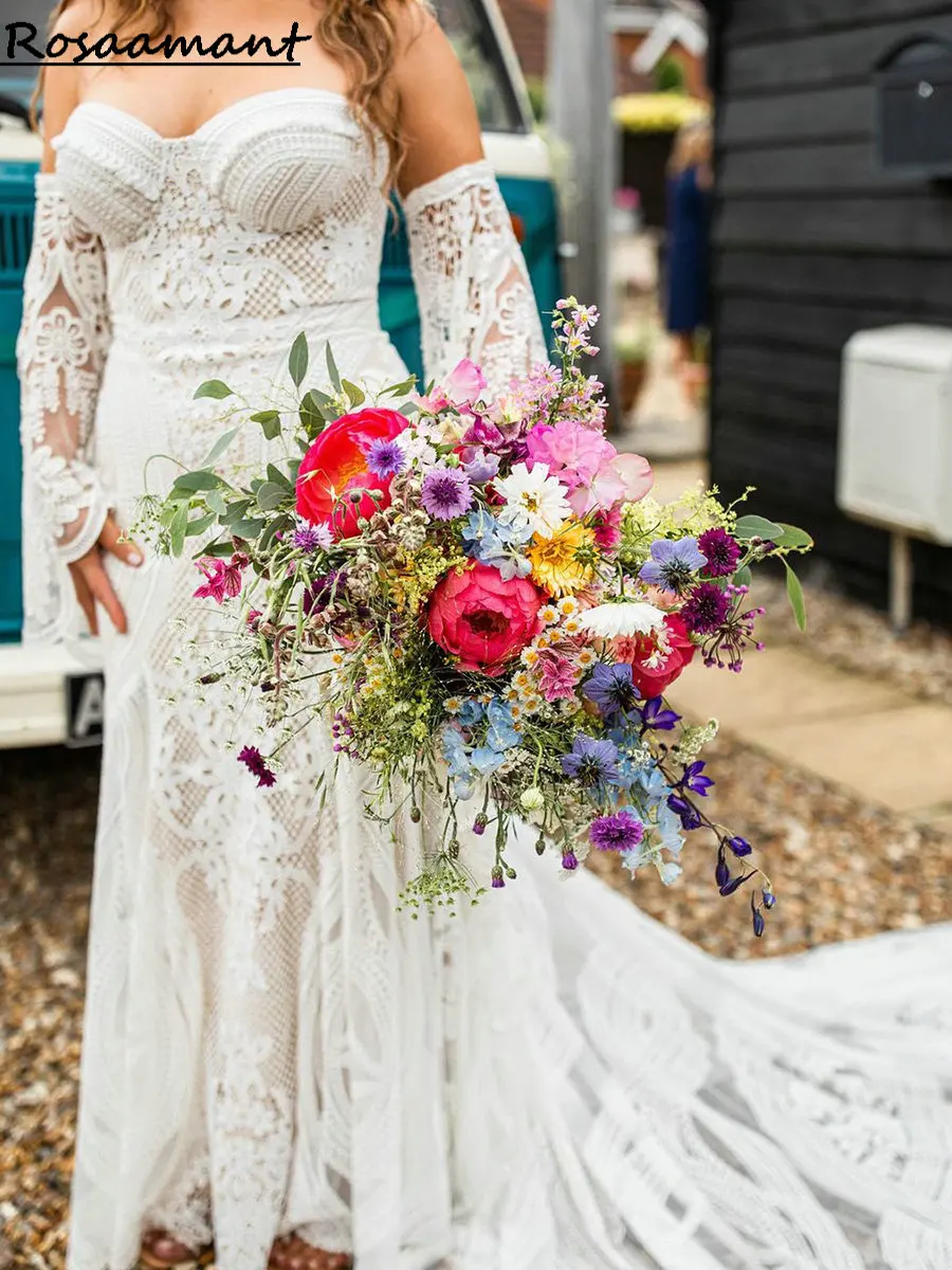 Gaun pengantin Bohemian, lengan dapat dilepas ukuran besar gaun pernikahan putri duyung Pasangan kekasih renda gaun pengantin Boho