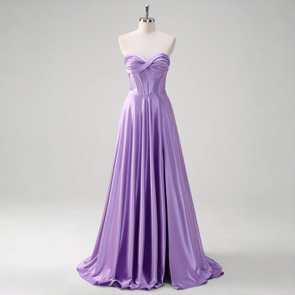 Elegant Strapless Satin Ball Gown Twist Front Corset Bodice Lace-Up Back Floor Length Formal Evening Prom Wedding Guest Gown
