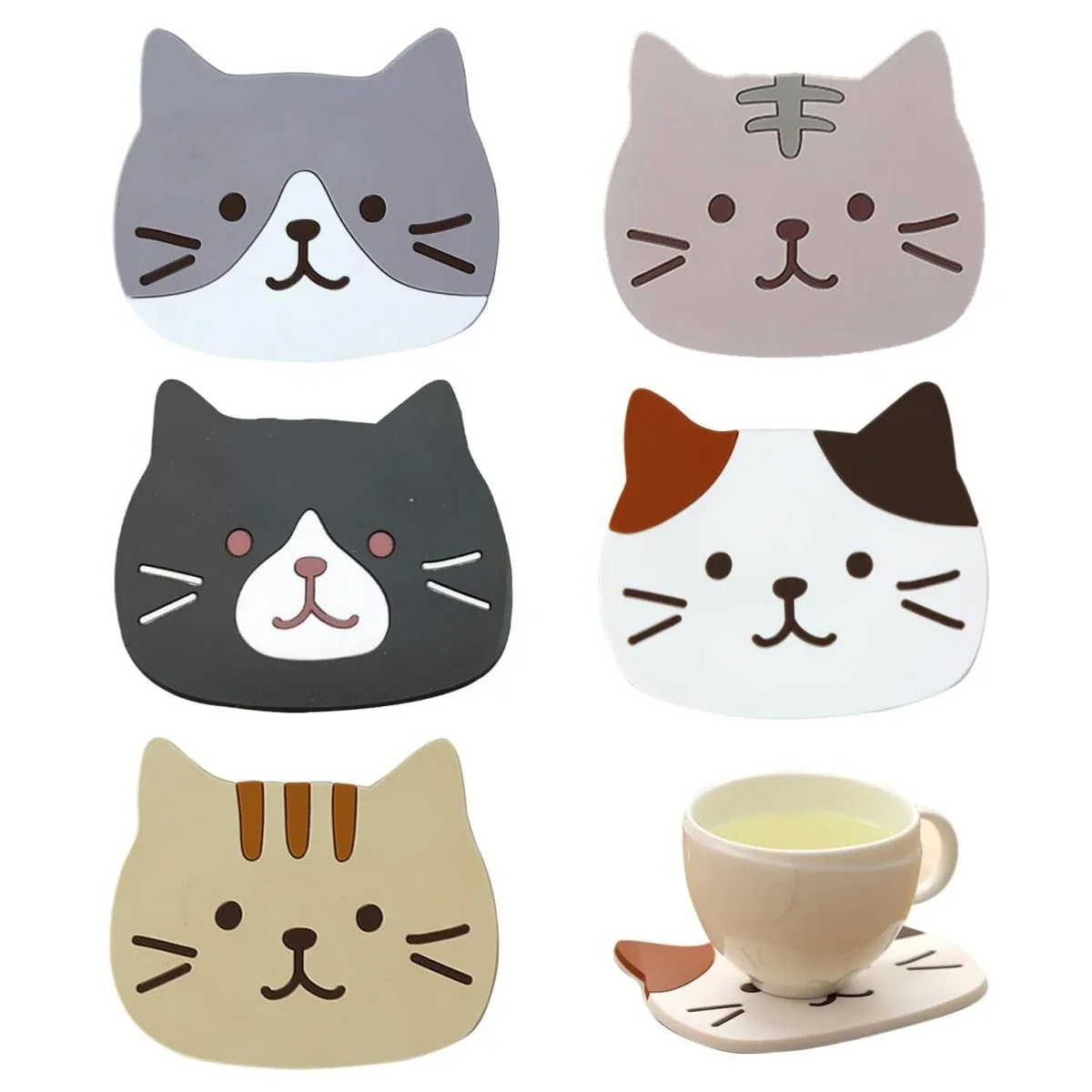 5 PCS Cute Cat Cup Coasters, Reusable Silicone Drink Coasters Non Slip, Washable Heat Resistant Glass Cup Rubber Pad Mat Novelty