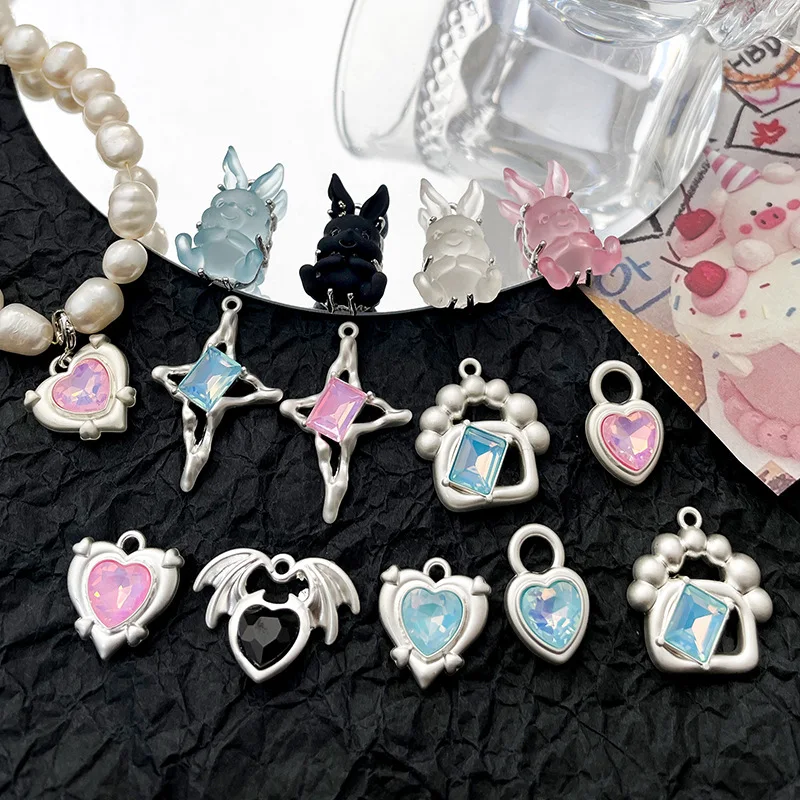 Sweet Cute Colorful Heart Jelly Rabbit Pendant Bead Accessories Square Rhinestone for Jewelry Making Necklace Bracelet DIY