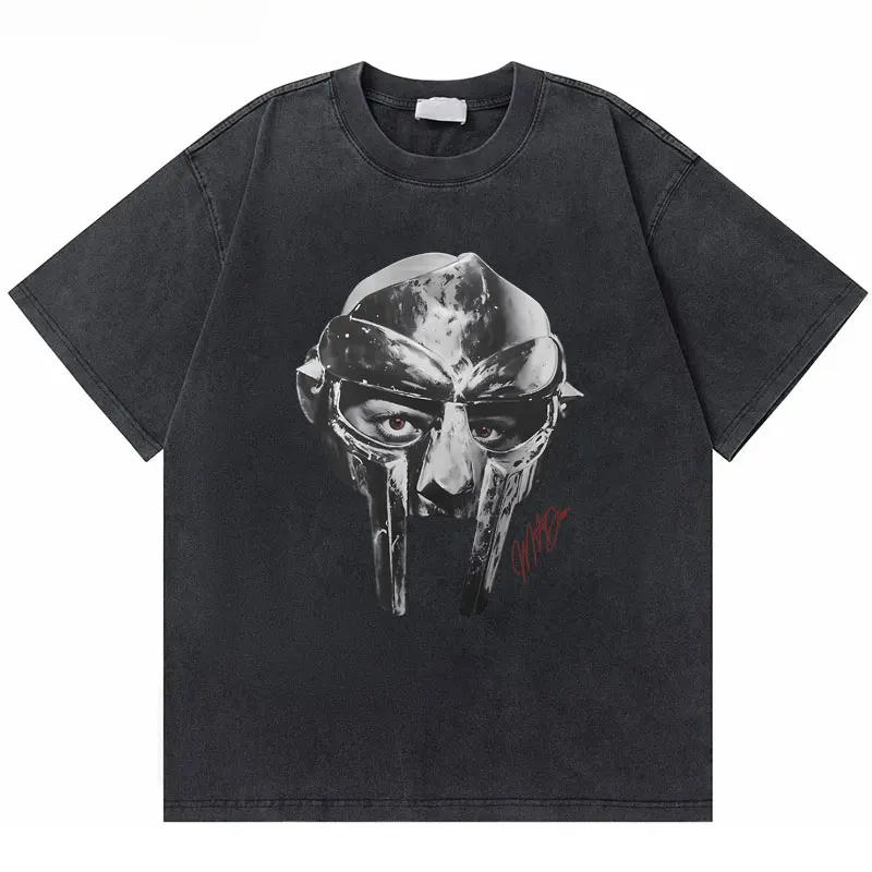 Rapper Mf Doom Madlib Madvillain Metal Mask Face Print T-shirt Men's Washed Vintage Tshirt Men Women Hip Hop Oversized T Shirts