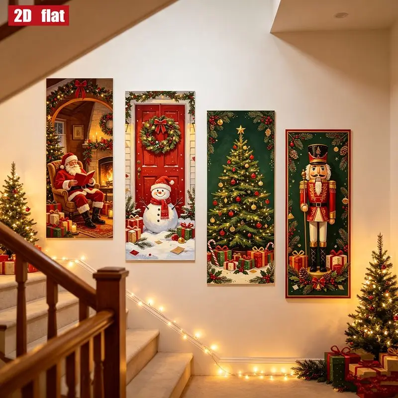 VIKAMA Vertical Banner Set for Christmas, 4 Pc Wall Hanging Santa Fireplace Snowman Door Tree Nutcracker, Cozy Holiday Decor