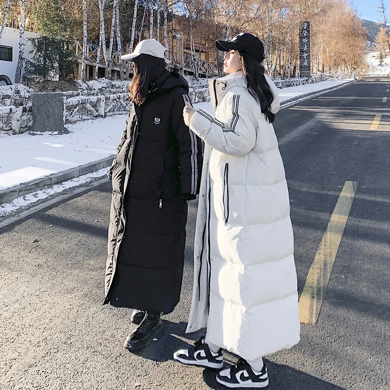 X-Long Ankle Length Down Coat Women Winter Thicken Extra Warm Hoodie Windbreaker Striped Overcoat Snowwear Loose Hooded Cloak