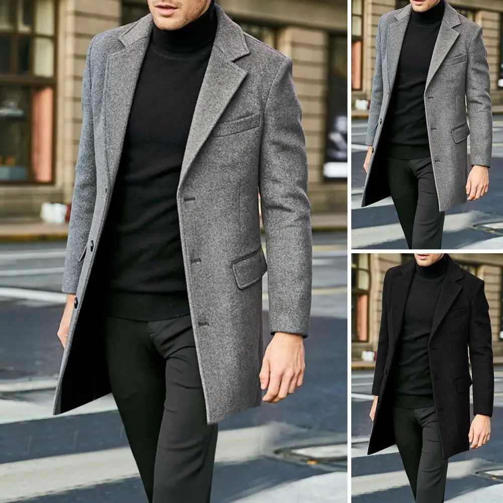 Solid Color Lapel Coat Men\'s Winter Lapel Suit Coat with Flap Pockets Single-breasted Mid-length Overcoat for Warmth Style Lapel