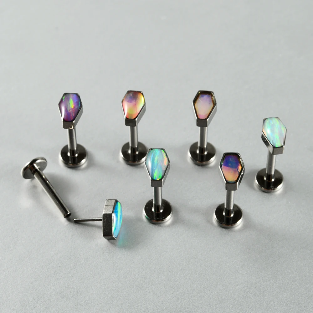 1PC Coffin Shaped Flash Film&OPal Lip Stud Titanium Alloy Threadless Push In Labret Nose Ear Cartilage Lobe Earring  20G/16G