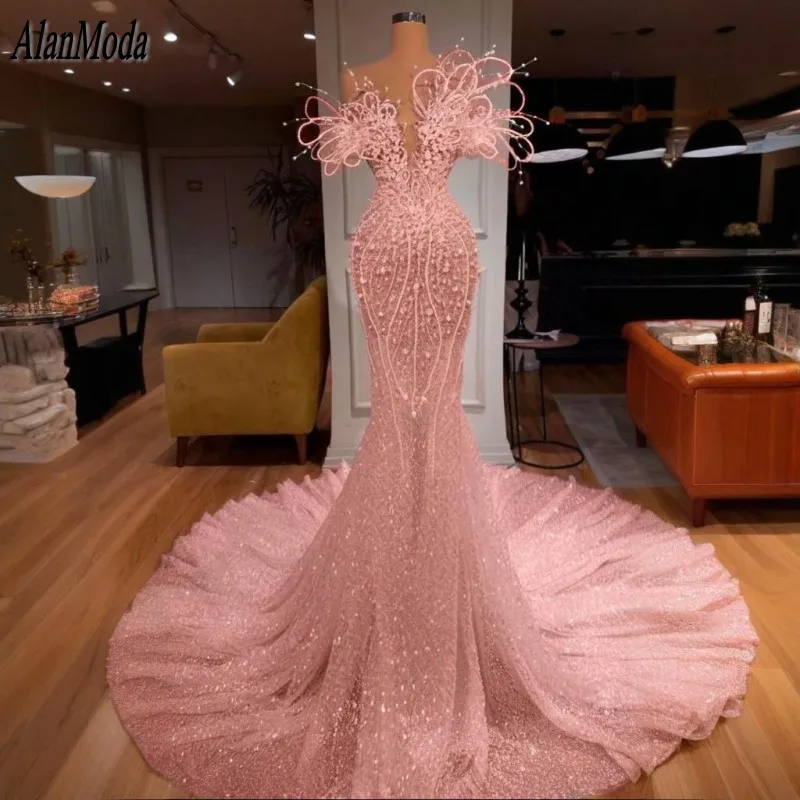 

Дизайнерское розовое вечернее платье для женщин, свадебные платья, блестящий жемчуг, Дубайские платья для выпускного вечера, 2025 Vestido De Casamen по индивидуальному заказу