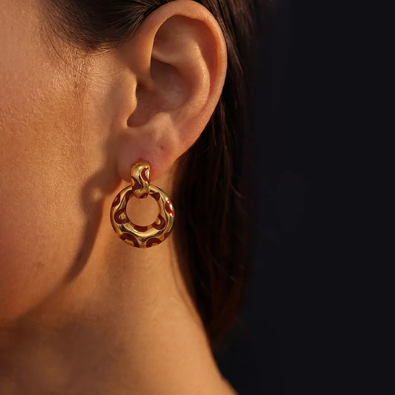 Red enamel leopard door knocker  dangle earrings stainless steel earrings for women statement stainless steel jewelry non-tarnis