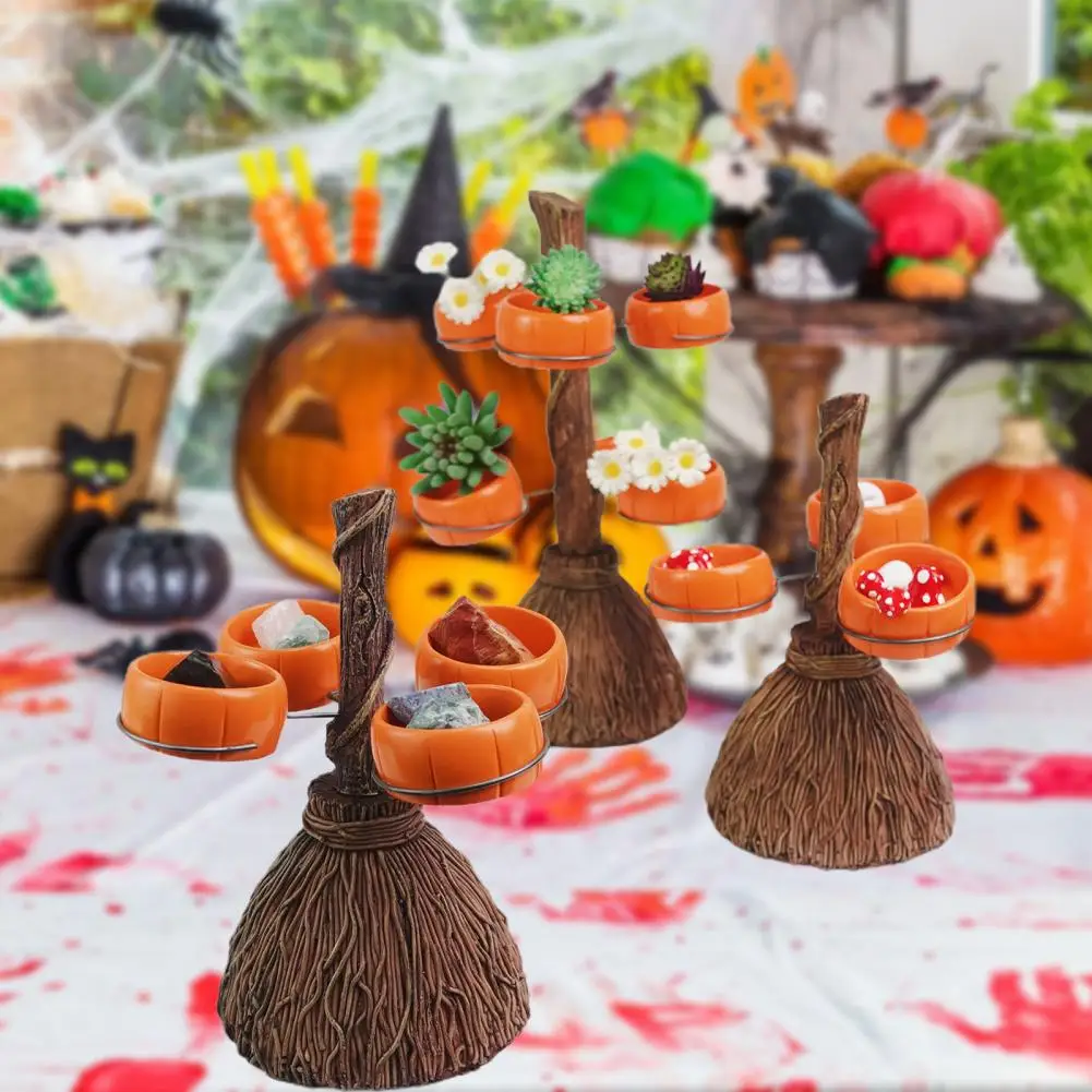 Snack Serving Tray Spooky Halloween Broom Stand with Pumpkin Bowls Trick-or-treat Candy Bowl Food Serving Tray Snack for Desktop