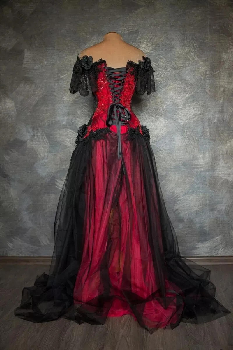 

Dark Romantic Prom Dress Black Red Lace Tulle Off Shoulder Victorian Evening Gown Cosplay Costume Party Dress Customized