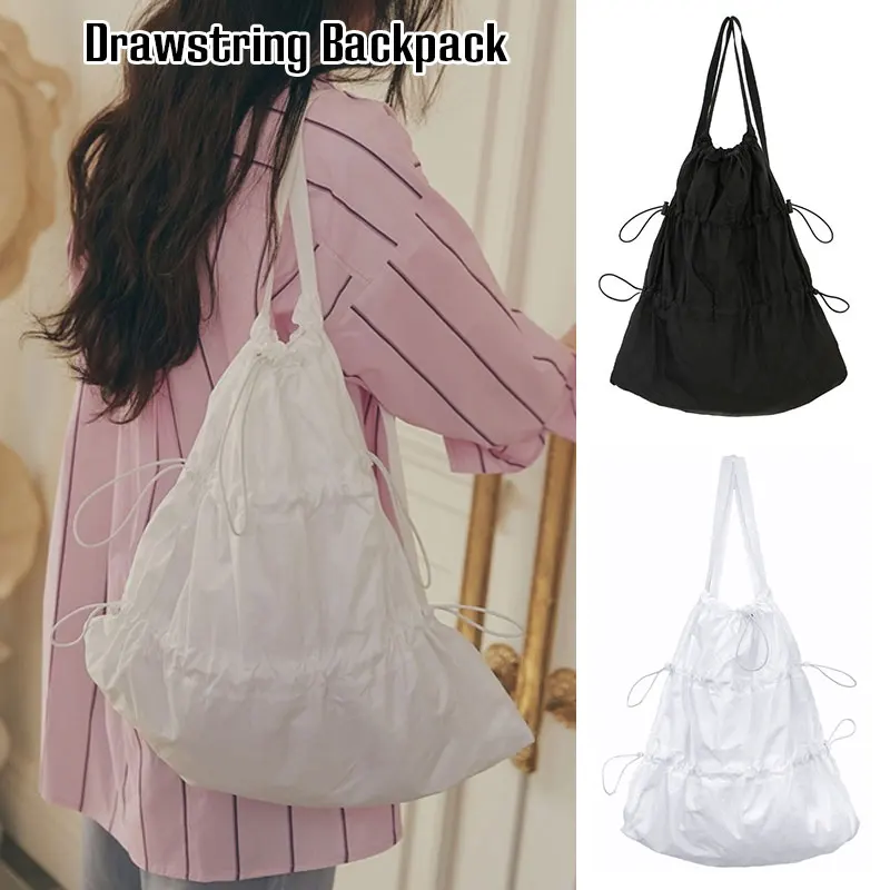 Daypack Large Capacity Drawstring Shoulder Bag Pleated Knapsack Women Backpack Light Fold Casual for Daily Use