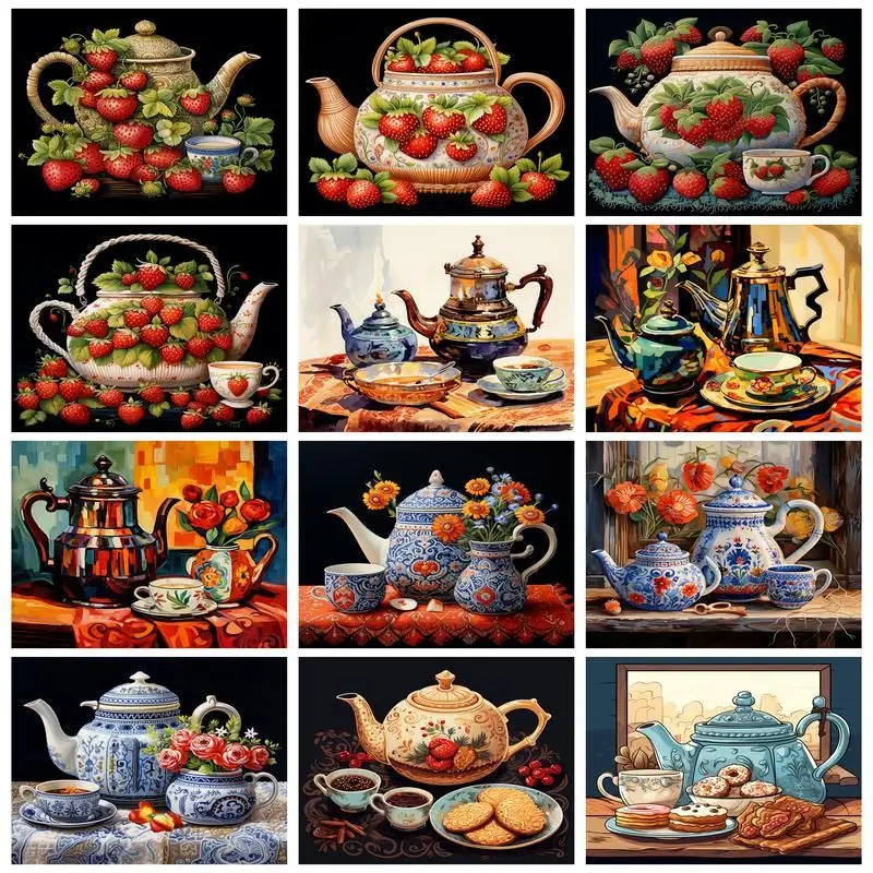 

CHENISTORY Paint By Number Tea Pot Scenery Drawing On Canvas HandPainted Art Gift DIY Picture By Number Kits Home Decor