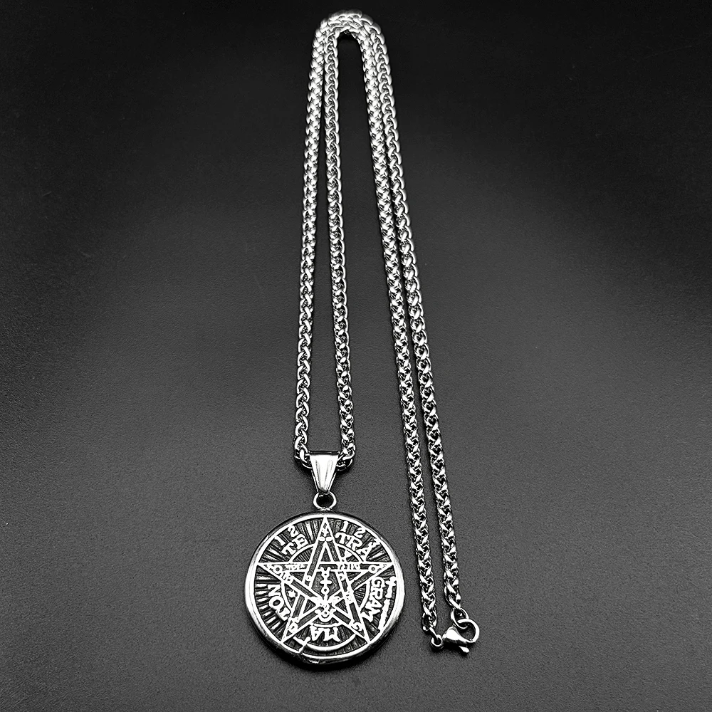 Hexerei-Pentagramm-Halskette für Frauen, Edelstahl, schwarzes Tetragrammaton, Solomon, Gothic, Dark Punk, Amulett, Herrenkette, Schmuck – Detail 8