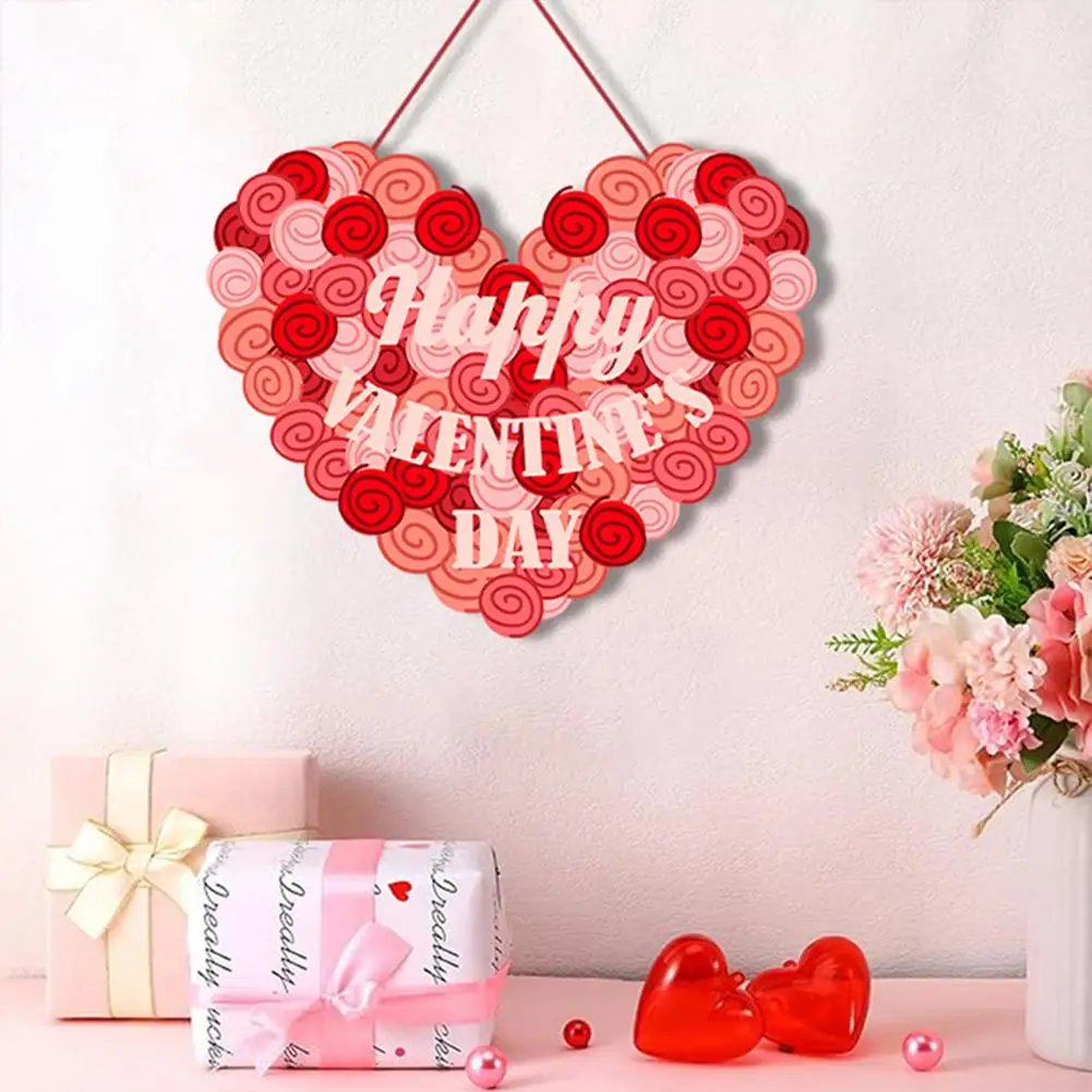 Valentines Day Door Sign Romantic Red Heart Pattern Front Door Hanging Ornament Happy Letter Printed 14 February Wreath Decor