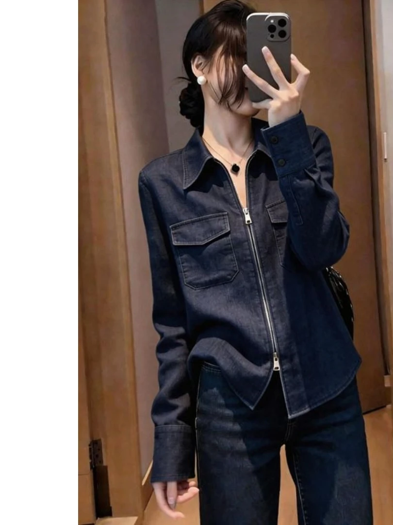 Casual Lazy Style Blue Denim Shirt Women's Long Sleeve Collar Double Zipper Loose Slimming Versatile Top Fashion Spring 2026