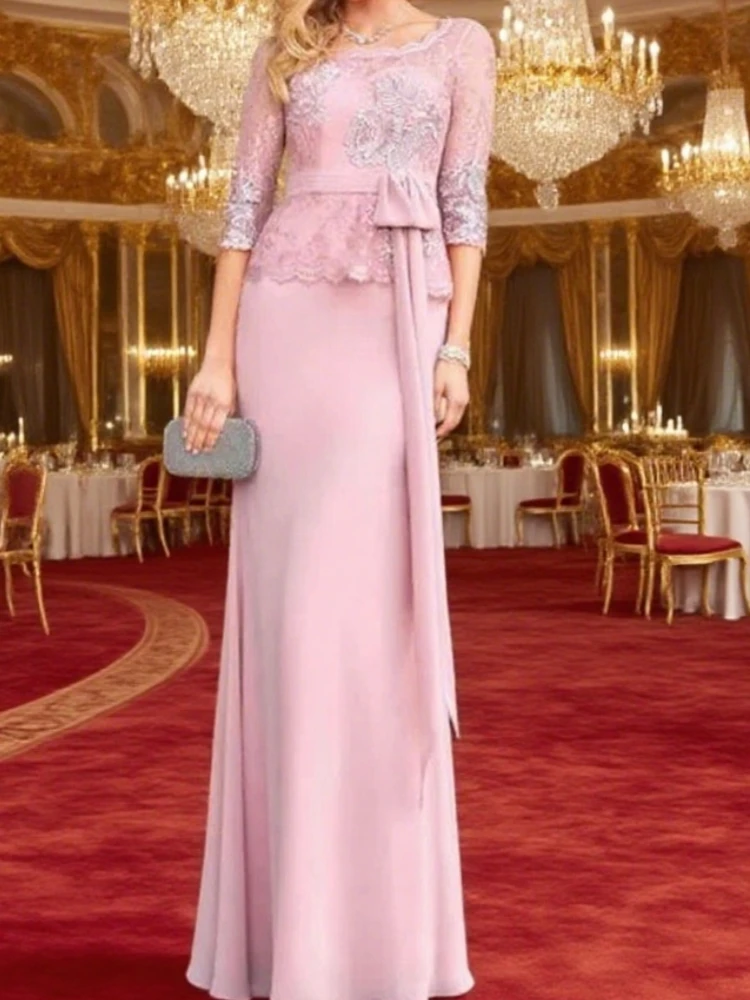 

Pink Mother of the Bride Dresses Lace Scoop Neck Party Gowns Three Quarter Bow Belt Floor Length robe de soirée Customized