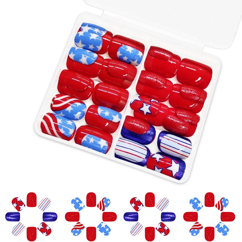 48pcs Y2k Short False Nails American Independence Day Striped Stars Print Fake Nail Tips Wearable Mix Pattern Press on nails