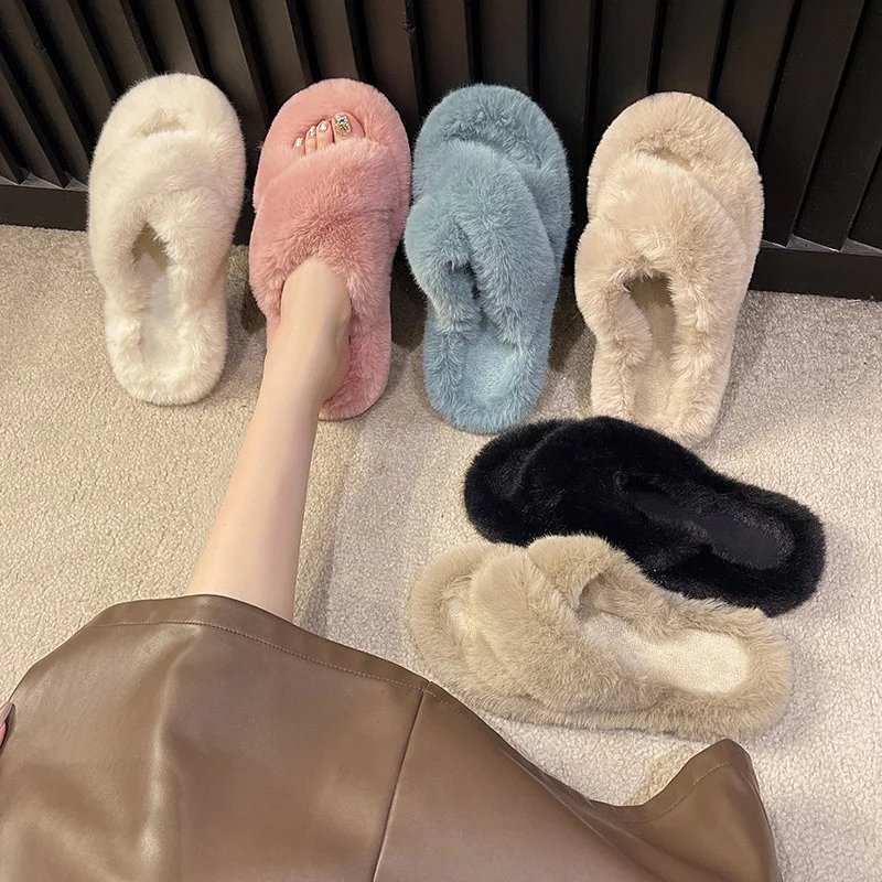 Chinelos macios de inverno para mulheres nova casa chinelos de pele para mulheres plana aconchegante fuzzy interior slides sapatos