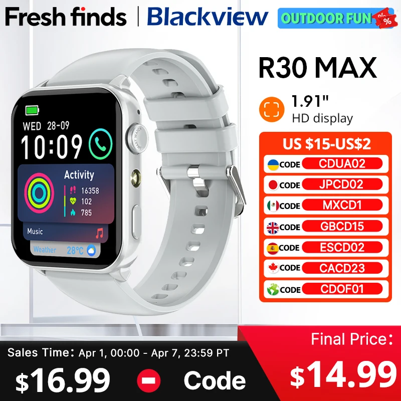 

New 2025 Blackview R30 Max Smartwatch Bluetooth Phone Call LED Flashlight 1.91" Al Voice Assistant 350mAh Sports watch