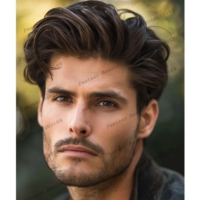 Super Durable 6Inch Long HUman Hair Male Wigs Strong PU Base Men Silicon Toupee 30mm Wave Natural Hairline Man Brown Hairpieces